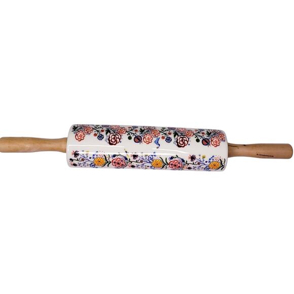 ?Rare ANTHROPOLOGIE Marian Floral 18" Ceramic Rolling Pin w/ Wood Handles in EUC - Picture 1 of 6